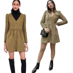 Zara Fine Wale V Neck Corduroy Dress Size M